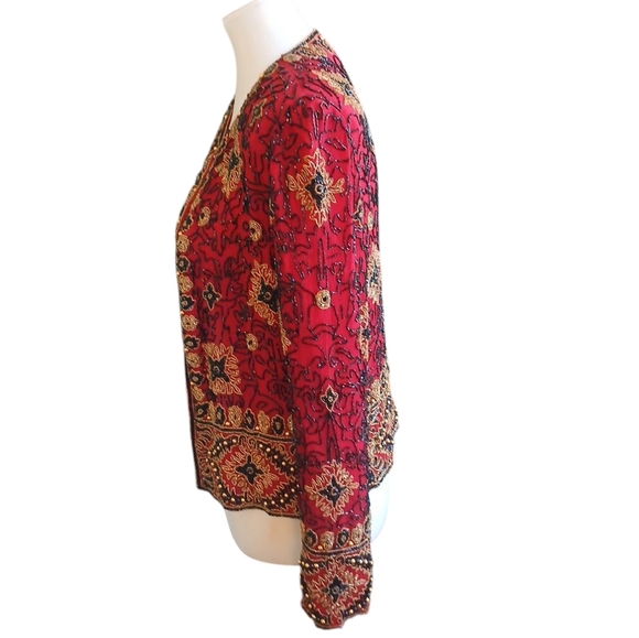 Pappel Boutique Red and Gold Ornate Cropped Blazer Size Medium - Picture 3 of 8